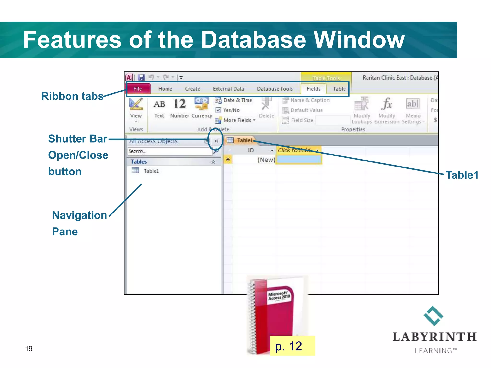 Features of the Database Window
19
Navigation
Pane
Ribbon tabs
Shutter Bar
Open/Close
button Table1
p. 12
 