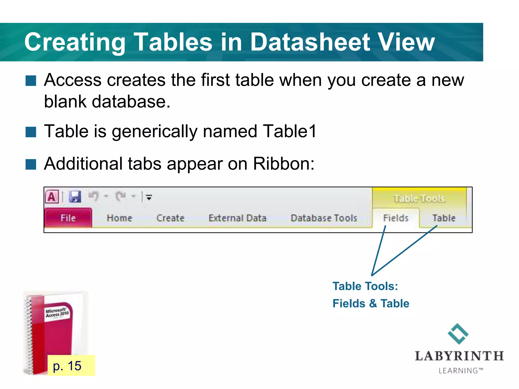 Creating Tables in Datasheet View
 Access creates the first table when you create a new
blank database.
 Table is generically named Table1
 Additional tabs appear on Ribbon:
24
Table Tools:
Fields & Table
p. 15
 