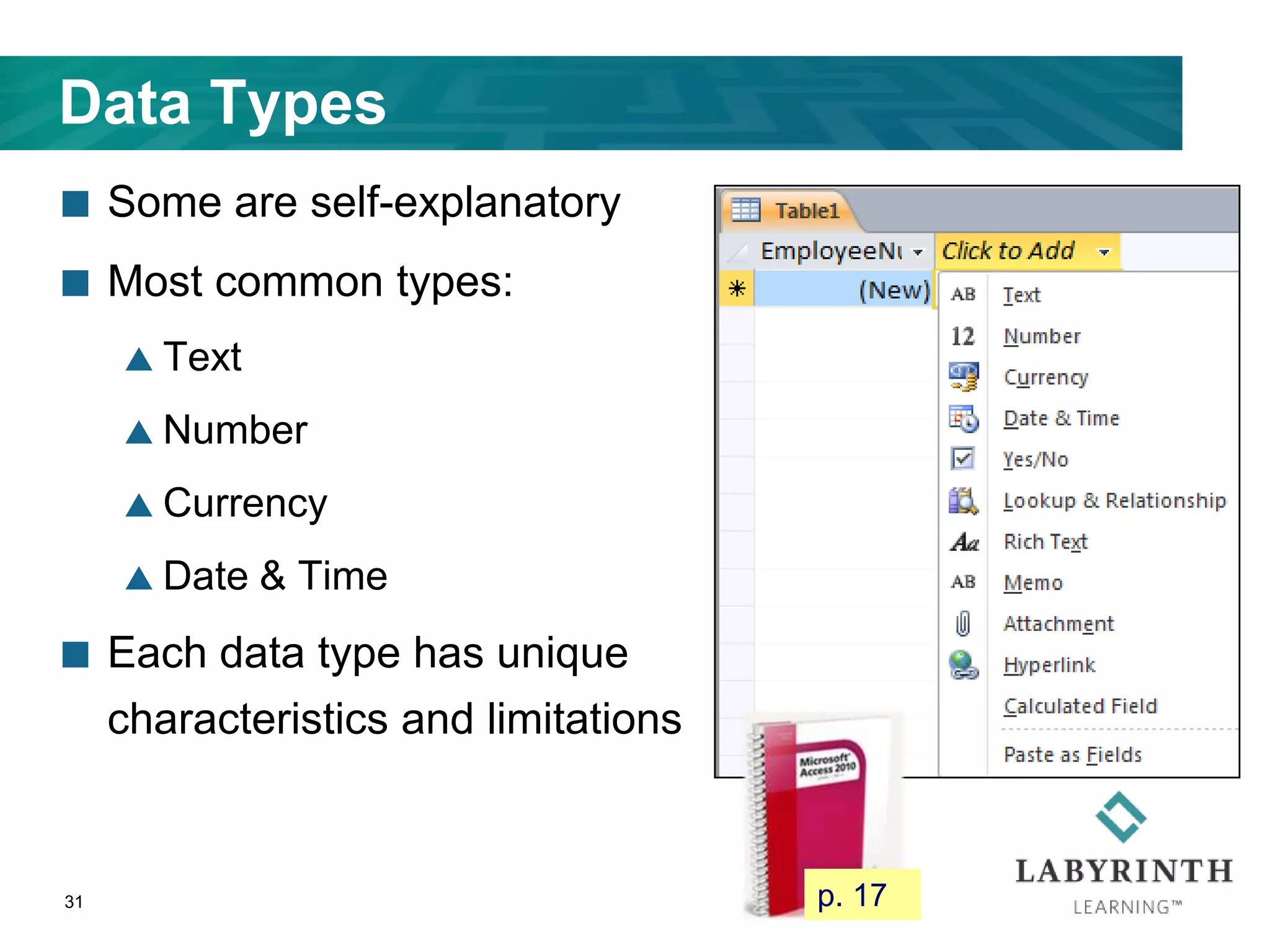 Data Types
31
 Some are self-explanatory
 Most common types:
 Text
 Number
 Currency
 Date & Time
 Each data type has unique
characteristics and limitations
p. 17
 