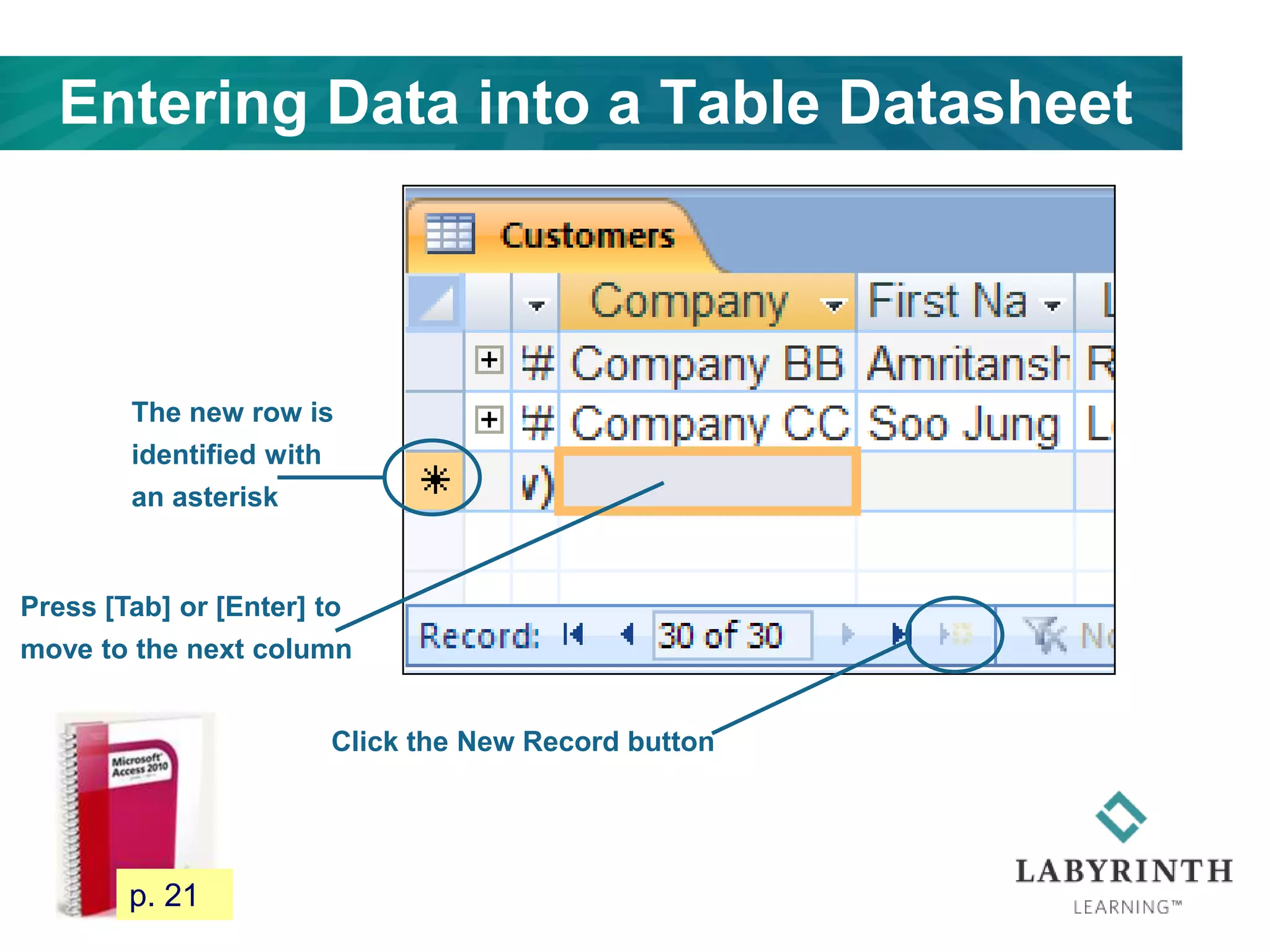 Entering Data into a Table Datasheet
Click the New Record button
Press [Tab] or [Enter] to
move to the next column
The new row is
identified with
an asterisk
33 p. 21
 