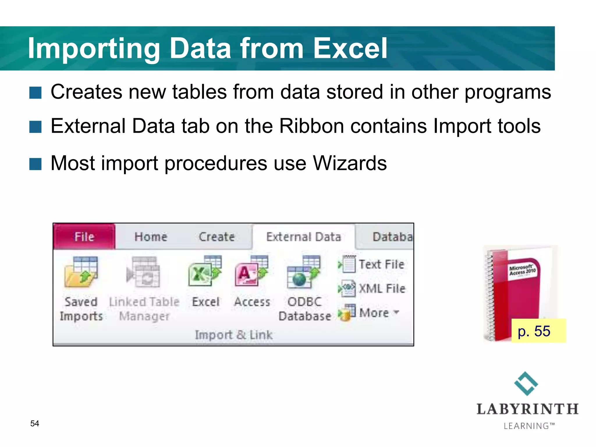 Importing Data from Excel
 Creates new tables from data stored in other programs
 External Data tab on the Ribbon contains Import tools
 Most import procedures use Wizards
54
p. 55
 