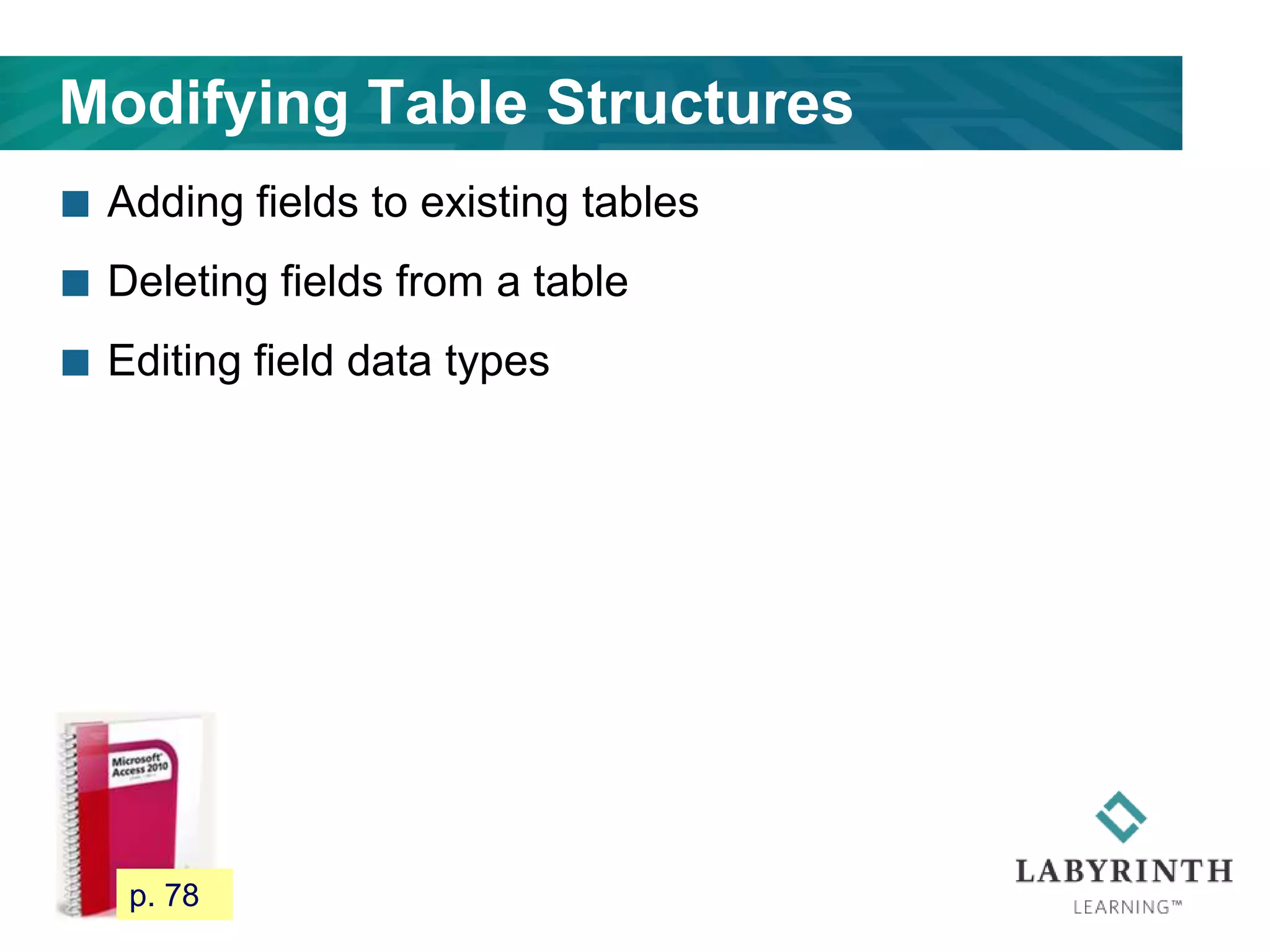 Modifying Table Structures
 Adding fields to existing tables
 Deleting fields from a table
 Editing field data types
73 p. 78
 