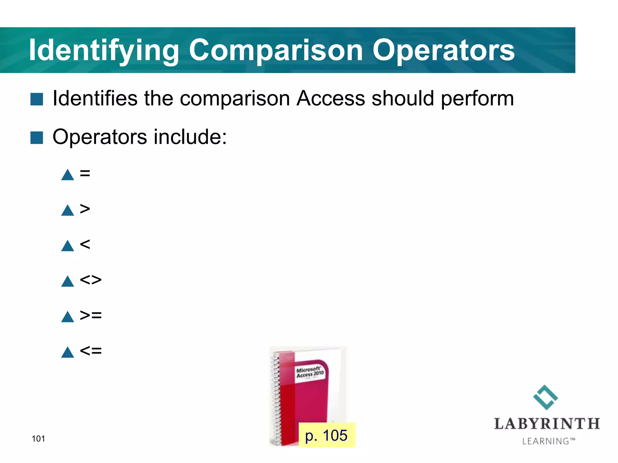 Identifying Comparison Operators
 Identifies the comparison Access should perform
 Operators include:
 =
 >
 <
 <>
 >=
 <=
101 p. 105
 