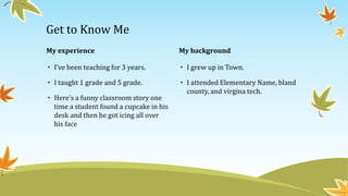 My experience
• I’ve been teaching for 3 years.
• I taught 1 grade and 5 grade.
• Here’s a funny classroom story one
time a student found a cupcake in his
desk and then he got icing all over
his face
My background
• I grew up in Town.
• I attended Elementary Name, bland
county, and virgina tech.
Get to Know Me
 