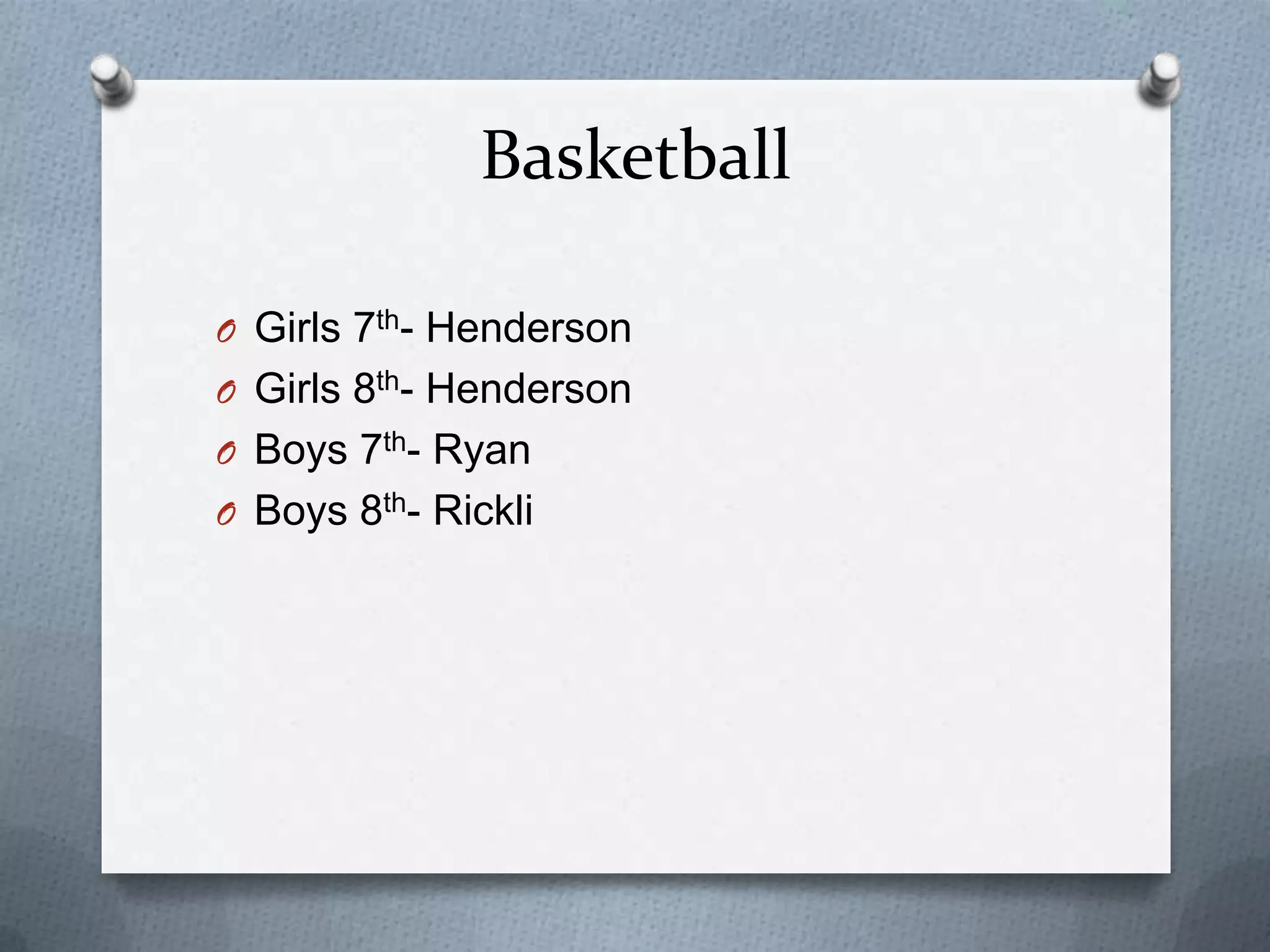 Basketball

O Girls 7th- Henderson
O Girls 8th- Henderson
O Boys 7th- Ryan
O Boys 8th- Rickli
 