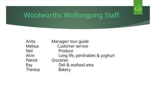 Woolworths Wollongong Staff
Anita Manager/ tour guide
Melissa Customer service
Neil Produce
Alvin Long life, perishables & yoghurt
Patrick Groceries
Ray Deli & seafood area
Theresa Bakery
 