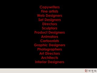 Copywriters
     Fine artists
  Web Designers
   Set Designers
      Directors
      Sculptors
Product Designers
     Animators
    Cartoonists
Graphic Designers
  Photographers
    Art Directors
     Architects
Interior Designers
 