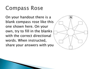 On your handout there is a
blank compass rose like this
one shown here. On your
own, try to fill in the blanks
with the correct directional
words. When instructed,
share your answers with your group.
 