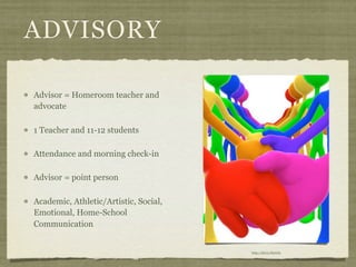 ADVISORY

Advisor = Homeroom teacher and
advocate

1 Teacher and 11-12 students

Attendance and morning check-in

Advisor = point person

Academic, Athletic/Artistic, Social,
Emotional, Home-School
Communication


                                       http://bit.ly/JSyOJ9
 