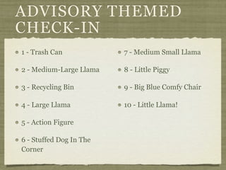 ADVISORY THEMED
CHECK-IN
1 - Trash Can            7 - Medium Small Llama

2 - Medium-Large Llama   8 - Little Piggy

3 - Recycling Bin        9 - Big Blue Comfy Chair

4 - Large Llama          10 - Little Llama!

5 - Action Figure

6 - Stuffed Dog In The
Corner
 