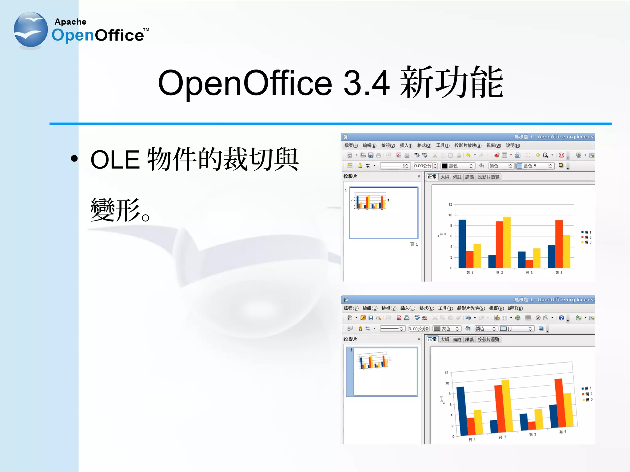 OpenOffice 3.4 新功能
●
    OLE 物件的裁切與

    變形。
 