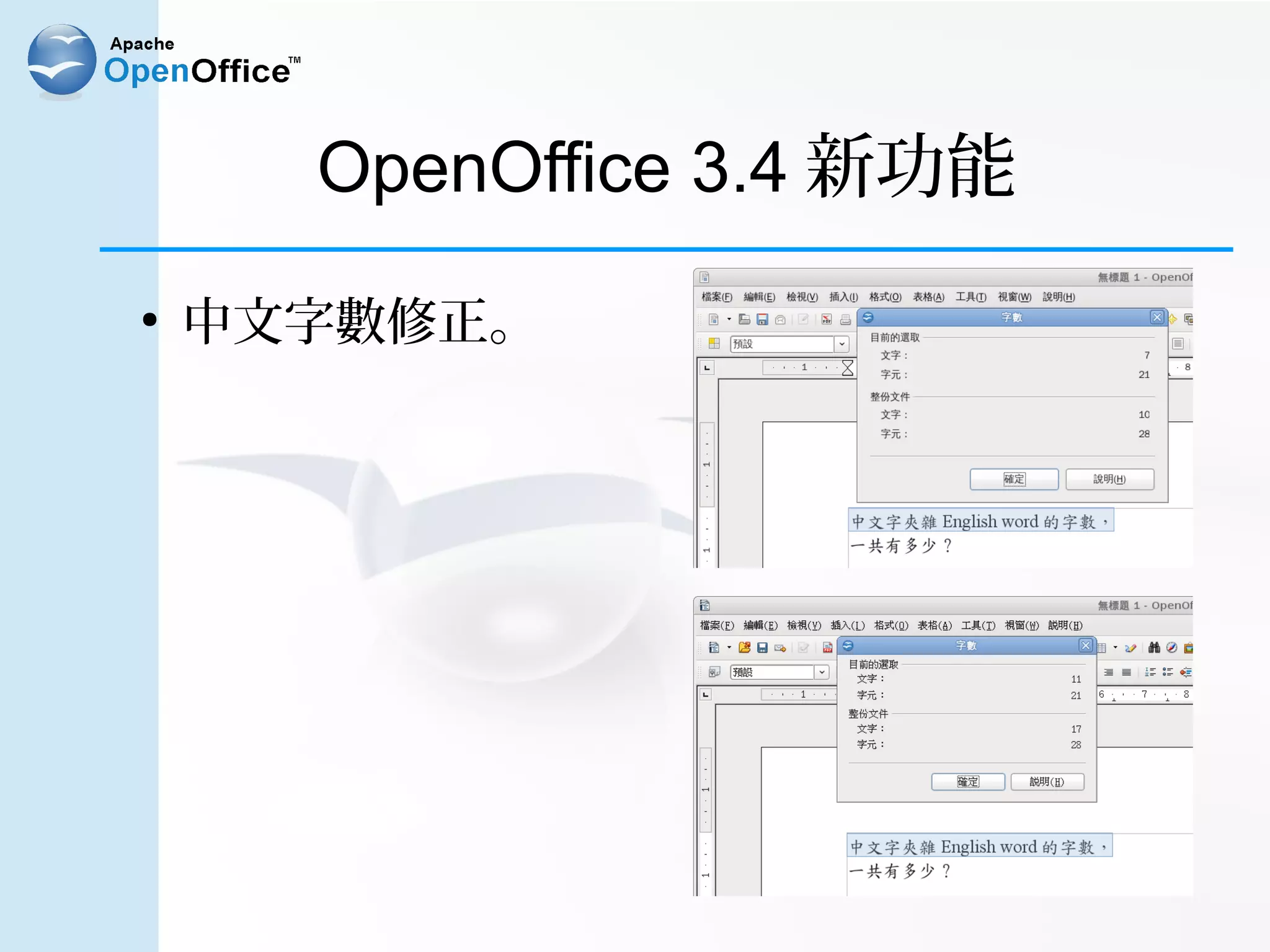 OpenOffice 3.4 新功能
●
    中文字數修正。
 