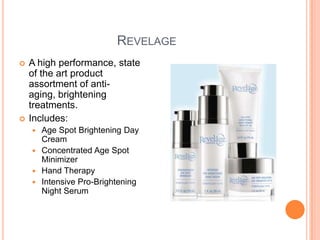 REVELAGE
 A high performance, state
of the art product
assortment of anti-
aging, brightening
treatments.
 Includes:
 Age Spot Brightening Day
Cream
 Concentrated Age Spot
Minimizer
 Hand Therapy
 Intensive Pro-Brightening
Night Serum
 