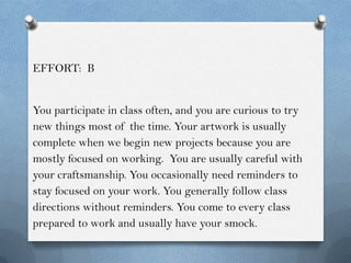 EFFORT: B


You participate in class often, and you are curious to try
new things most of the time. Your artwork is usually
complete when we begin new projects because you are
mostly focused on working. You are usually careful with
your craftsmanship. You occasionally need reminders to
stay focused on your work. You generally follow class
directions without reminders. You come to every class
prepared to work and usually have your smock.
 