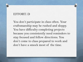 EFFORT: D

You don’t participate in class often. Your
craftsmanship may be rushed and sloppy.
You have difficulty completing projects
because you consistently need reminders to
stay focused and follow directions. You
don’t come to class prepared to work and
don’t have a smock most of the time.
 