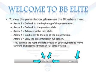 • To view this presentation, please use the Slideshare menu.
– Arrow 1 = Go back to the beginning of the presentation.
– Arrow 2 = Go back to the previous slide.
– Arrow 3 = Advance to the next slide.
– Arrow 4 = Go directly to the end of the presentation.
– Arrow 5 = View the presentation in full screen.
(You can use the right and left arrows on your keyboard to move
forward and backward when in full screen view.)
41
 