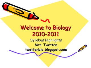 Welcome to Biology 2010-2011 Syllabus Highlights Mrs. Twetten twettenbio.blogspot.com 