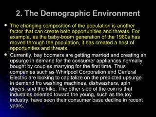 2. The Demographic Environment




The changing composition of the population is another
factor that can create both opportunities and threats. For
example, as the baby-boom generation of the 1960s has
moved through the population, it has created a host of
opportunities and threats.
Currently, bay boomers are getting married and creating an
upsurge in demand for the consumer appliances normally
bought by couples marrying for the first time. Thus
companies such as Whirlpool Corporation and General
Electric are looking to capitalize on the predicted upsurge
in demand fro washing machines, dishwashers, spin
dryers, and the kike. The other side of the coin is that
industries oriented toward the young, such as the toy
industry, have seen their consumer base decline in recent
years.

 