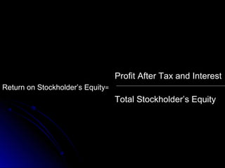 Profit After Tax and Interest
Return on Stockholder’s Equity=

Total Stockholder’s Equity

 