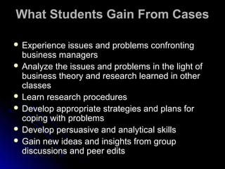 What Students Gain From Cases
 Experience

issues and problems confronting
business managers
 Analyze the issues and problems in the light of
business theory and research learned in other
classes
 Learn research procedures
 Develop appropriate strategies and plans for
coping with problems
 Develop persuasive and analytical skills
 Gain new ideas and insights from group
discussions and peer edits

 