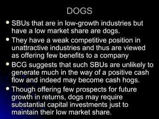 DOGS
 SBUs

that are in low-growth industries but
have a low market share are dogs.
 They have a weak competitive position in
unattractive industries and thus are viewed
as offering few benefits to a company
 BCG suggests that such SBUs are unlikely to
generate much in the way of a positive cash
flow and indeed may become cash hogs.
 Though offering few prospects for future
growth in returns, dogs may require
substantial capital investments just to
maintain their low market share.

 