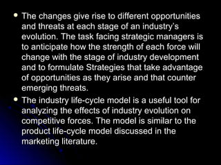  The

changes give rise to different opportunities
and threats at each stage of an industry’s
evolution. The task facing strategic managers is
to anticipate how the strength of each force will
change with the stage of industry development
and to formulate Strategies that take advantage
of opportunities as they arise and that counter
emerging threats.
 The industry life-cycle model is a useful tool for
analyzing the effects of industry evolution on
competitive forces. The model is similar to the
product life-cycle model discussed in the
marketing literature.

 