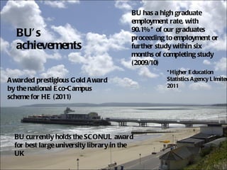 BU’s  achievements BU has a high graduate employment rate, with  90.1%* of our graduates proceeding to employment or further study within six months of completing study (2009/10) Awarded prestigious Gold Award by the national Eco-Campus scheme for HE (2011) BU currently holds the SCONUL award for best large university library in the UK *Higher Education Statistics Agency Limited 2011 