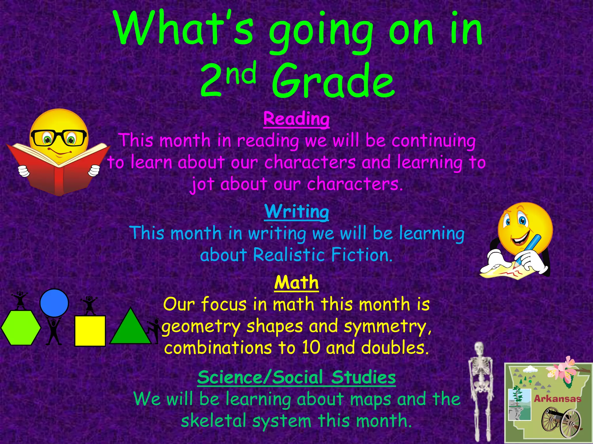 What’s going on in
   2 nd Grade
                   Reading
 This month in reading we will be continuing
to learn about our characters and learning to
          jot about our characters.
                 Writing
  This month in writing we will be learning
          about Realistic Fiction.
                   Math
      Our focus in math this month is
      geometry shapes and symmetry,
      combinations to 10 and doubles.
           Science/Social Studies
   We will be learning about maps and the
       skeletal system this month.
 