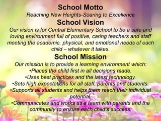 School Motto
Reaching New Heights-Soaring to Excellence
School Vision
Our vision is for Central Elementary School to be a safe and
loving environment full of positive, caring teachers and staff
meeting the academic, physical, and emotional needs of each
child – whatever it takes.
School Mission
Our mission is to provide a learning environment which:
•Places the child first in all decisions made.
•Uses best practices and the latest technology.
•Sets high expectations for all staff, parents and students.
•Supports all students and helps them reach their individual
potential.
•Communicates and works as a team with parents and the
community to ensure each child’s success.
 