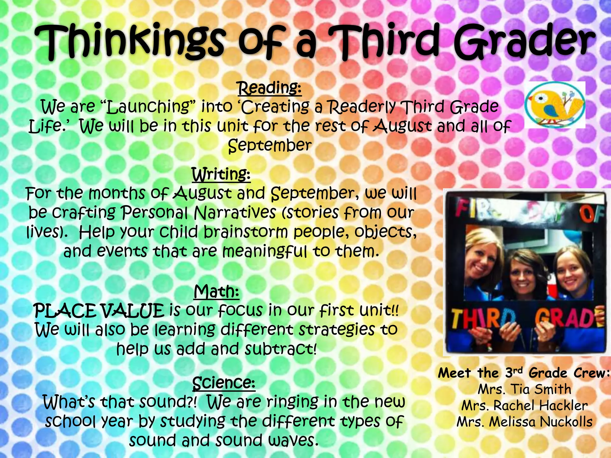 Reading:
We are “Launching” into „Creating a Readerly Third Grade
Life.‟ We will be in this unit for the rest of August and all of
September
Writing:
For the months of August and September, we will
be crafting Personal Narratives (stories from our
lives). Help your child brainstorm people, objects,
and events that are meaningful to them.
Math:
PLACE VALUE is our focus in our first unit!!
We will also be learning different strategies to
help us add and subtract!
Science:
What‟s that sound?! We are ringing in the new
school year by studying the different types of
sound and sound waves.
Meet the 3rd Grade Crew:
Mrs. Tia Smith
Mrs. Rachel Hackler
Mrs. Melissa Nuckolls
 