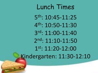 Lunch Times 
5th: 10:45-11:25 
4th: 10:50-11:30 
3rd: 11:00-11:40 
2nd: 11:10-11:50 
1st: 11:20-12:00 
Kindergarten: 11:30-12:10 
 