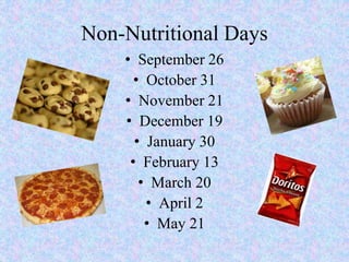 Non-Nutritional Days 
• September 26 
• October 31 
• November 21 
• December 19 
• January 30 
• February 13 
• March 20 
• April 2 
• May 21 
 