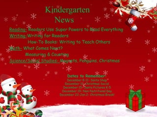 Kindergarten 
News 
Reading- Readers Use Super Powers to Read Everything 
Writing-Writing for Readers 
How-To Books: Writing to Teach Others 
Math- What Comes Next? 
Measuring & Counting 
Science/Social Studies- Magnets, Penguins, Christmas 
Dates to Remember: 
December 8-11- Santa Shop 
December 11- Christmas Social 
December 15- Santa Pictures K-5 
December 19- Non-Nutritional Day 
December 22-Jan 2- Christmas Break! 
 