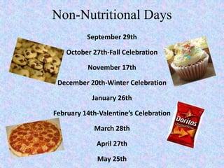 Non-Nutritional Days
September 29th
October 27th-Fall Celebration
November 17th
December 20th-Winter Celebration
January 26th
February 14th-Valentine’s Celebration
March 28th
April 27th
May 25th
 