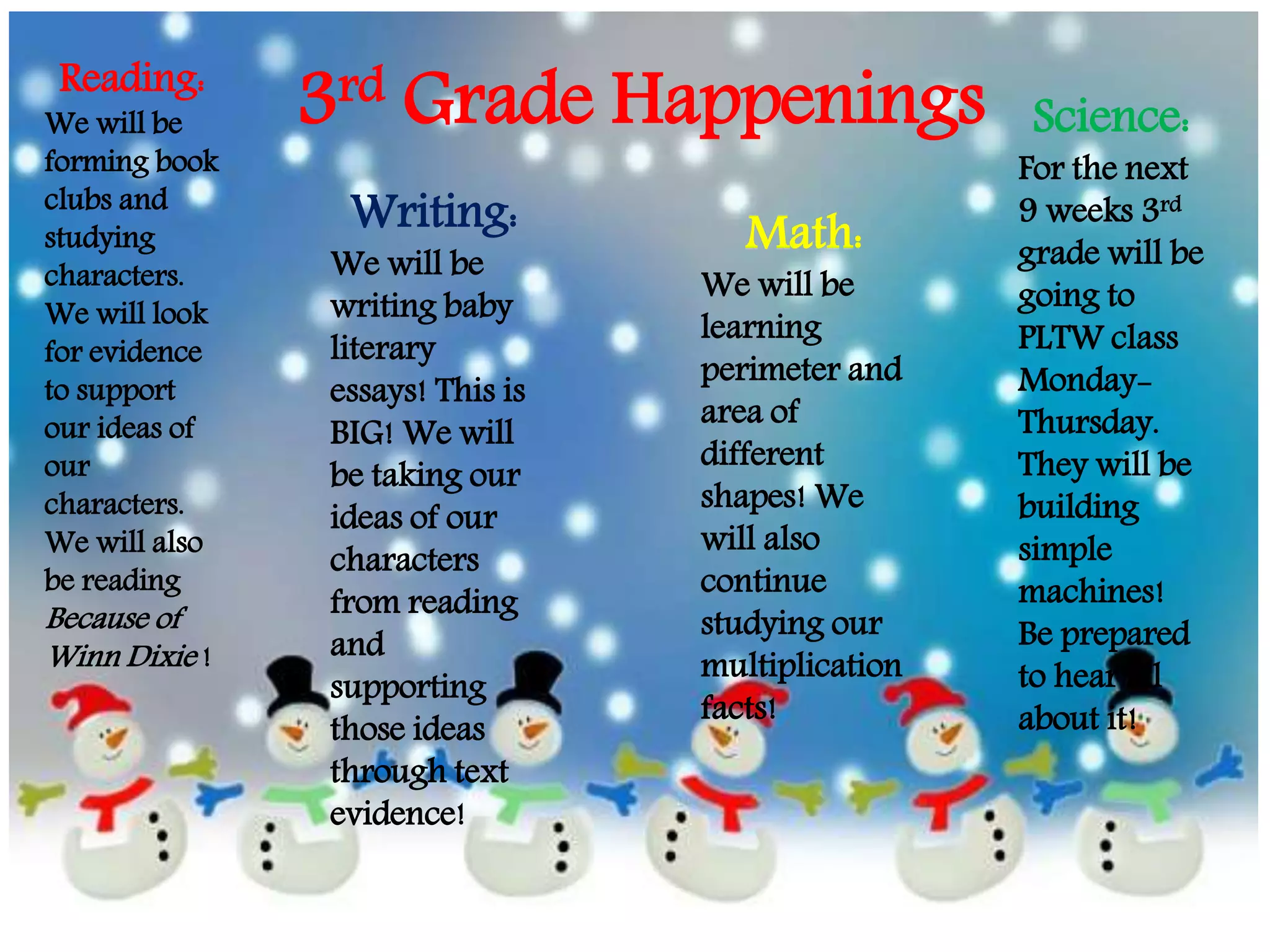 3rd Grade HappeningsReading:
We will be
forming book
clubs and
studying
characters.
We will look
for evidence
to support
our ideas of
our
characters.
We will also
be reading
Because of
Winn Dixie !
Writing:
We will be
writing baby
literary
essays! This is
BIG! We will
be taking our
ideas of our
characters
from reading
and
supporting
those ideas
through text
evidence!
Math:
We will be
learning
perimeter and
area of
different
shapes! We
will also
continue
studying our
multiplication
facts!
Science:
For the next
9 weeks 3rd
grade will be
going to
PLTW class
Monday-
Thursday.
They will be
building
simple
machines!
Be prepared
to hear all
about it!
 