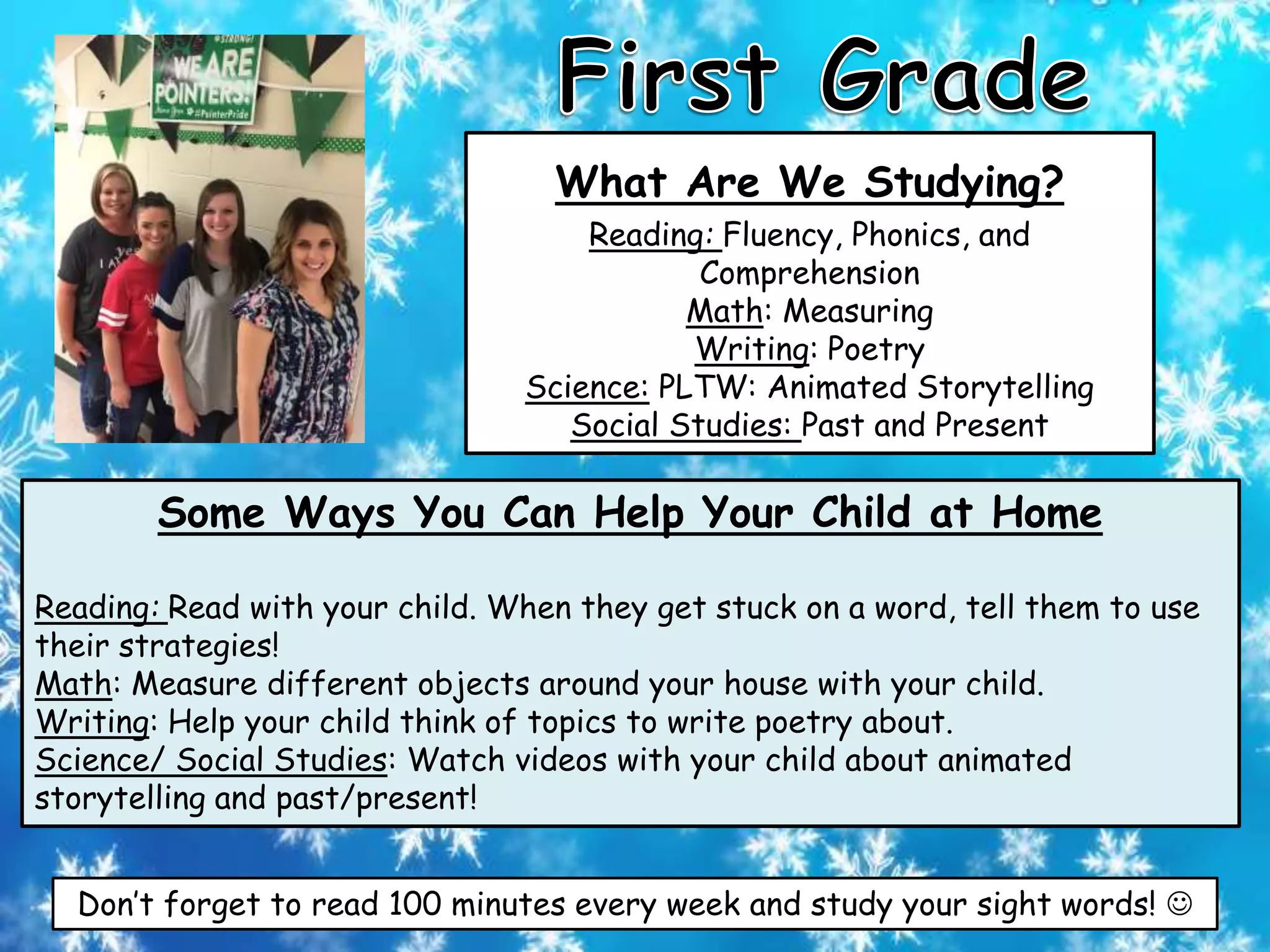What Are We Studying?
Reading: Fluency, Phonics, and
Comprehension
Math: Measuring
Writing: Poetry
Science: PLTW: Animated Storytelling
Social Studies: Past and Present
Don’t forget to read 100 minutes every week and study your sight words! 
Some Ways You Can Help Your Child at Home
Reading: Read with your child. When they get stuck on a word, tell them to use
their strategies!
Math: Measure different objects around your house with your child.
Writing: Help your child think of topics to write poetry about.
Science/ Social Studies: Watch videos with your child about animated
storytelling and past/present!
 