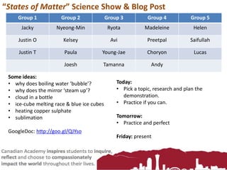 “States of Matter” Science Show & Blog Post
Group 1 Group 2 Group 3 Group 4 Group 5
Jacky Nyeong-Min Ryota Madeleine Helen
Justin O Kelsey Avi Preetpal Saifullah
Justin T Paula Young-Jae Choryon Lucas
Joesh Tamanna Andy
Some ideas:
• why does boiling water ‘bubble’?
• why does the mirror ‘steam up’?
• cloud in a bottle
• ice-cube melting race & blue ice cubes
• heating copper sulphate
• sublimation
GoogleDoc: http://goo.gl/QJYso
Today:
• Pick a topic, research and plan the
demonstration.
• Practice if you can.
Tomorrow:
• Practice and perfect
Friday: present
 