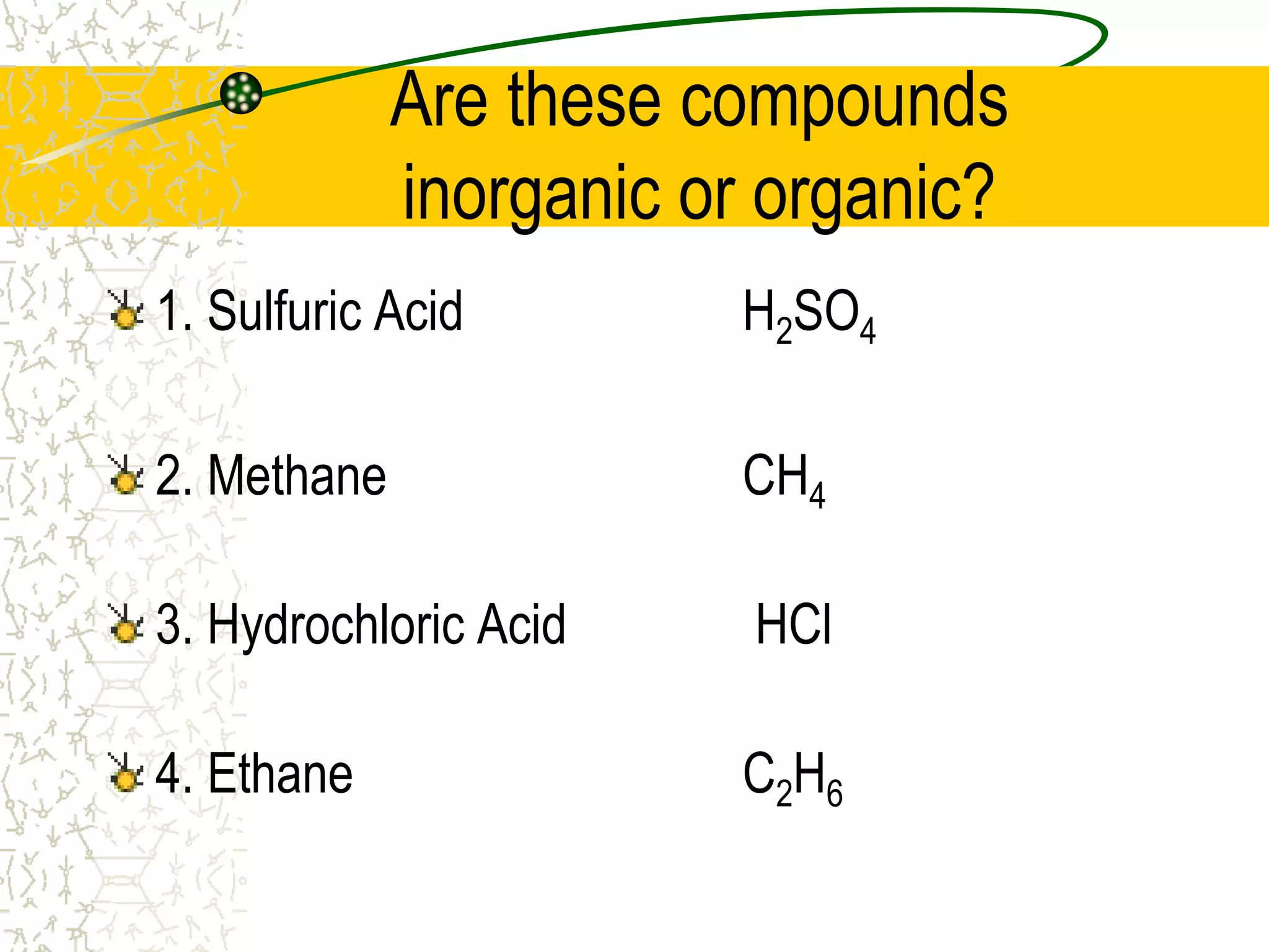 Are these compounds 
inorganic or organic? 
1. Sulfuric Acid H2SO4 
2. Methane CH4 
3. Hydrochloric Acid HCl 
4. Ethane C2H6 
 