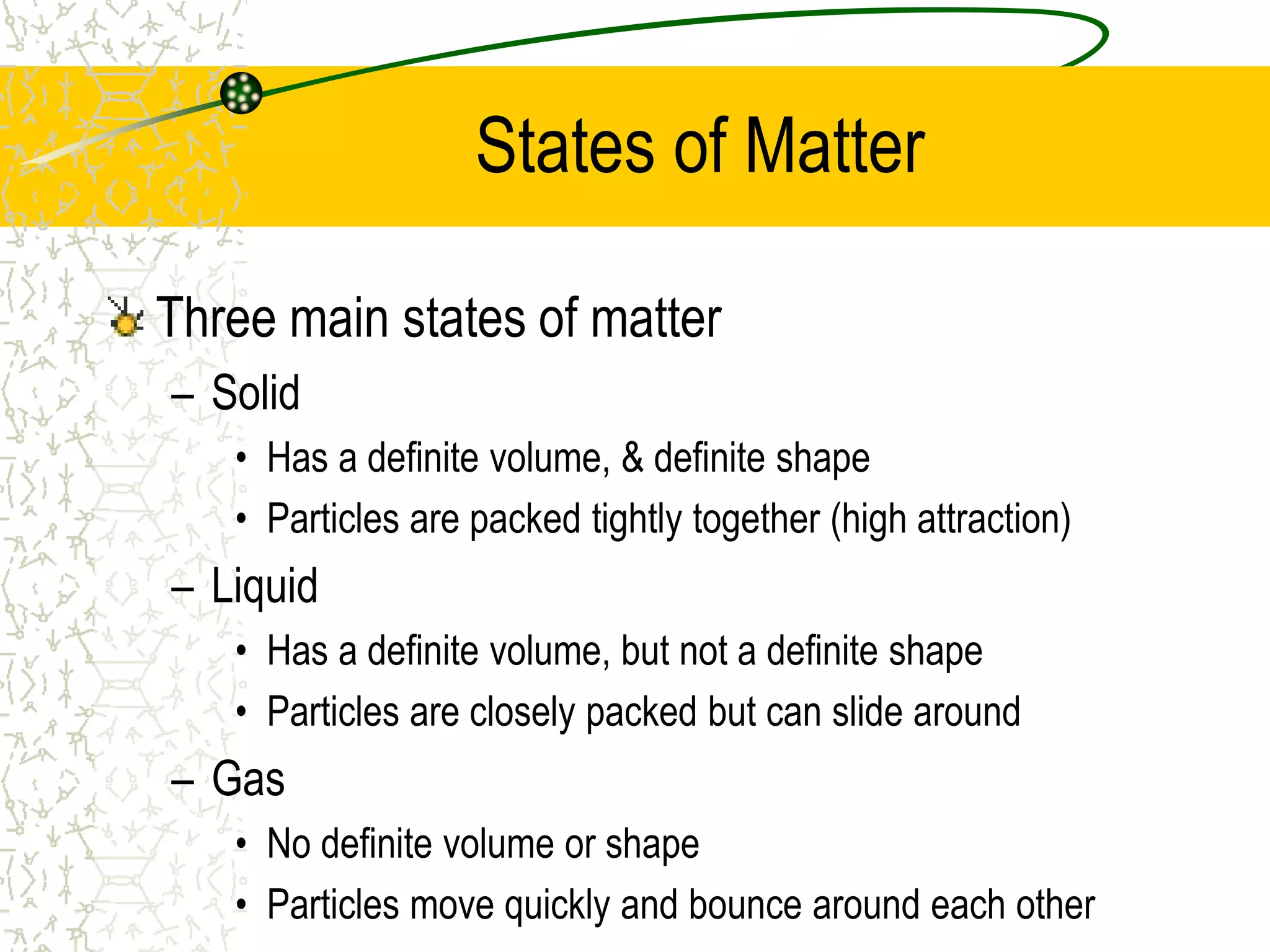 States of Matter 
Three main states of matter 
– Solid 
• Has a definite volume, & definite shape 
• Particles are packed tightly together (high attraction) 
– Liquid 
• Has a definite volume, but not a definite shape 
• Particles are closely packed but can slide around 
– Gas 
• No definite volume or shape 
• Particles move quickly and bounce around each other 
 