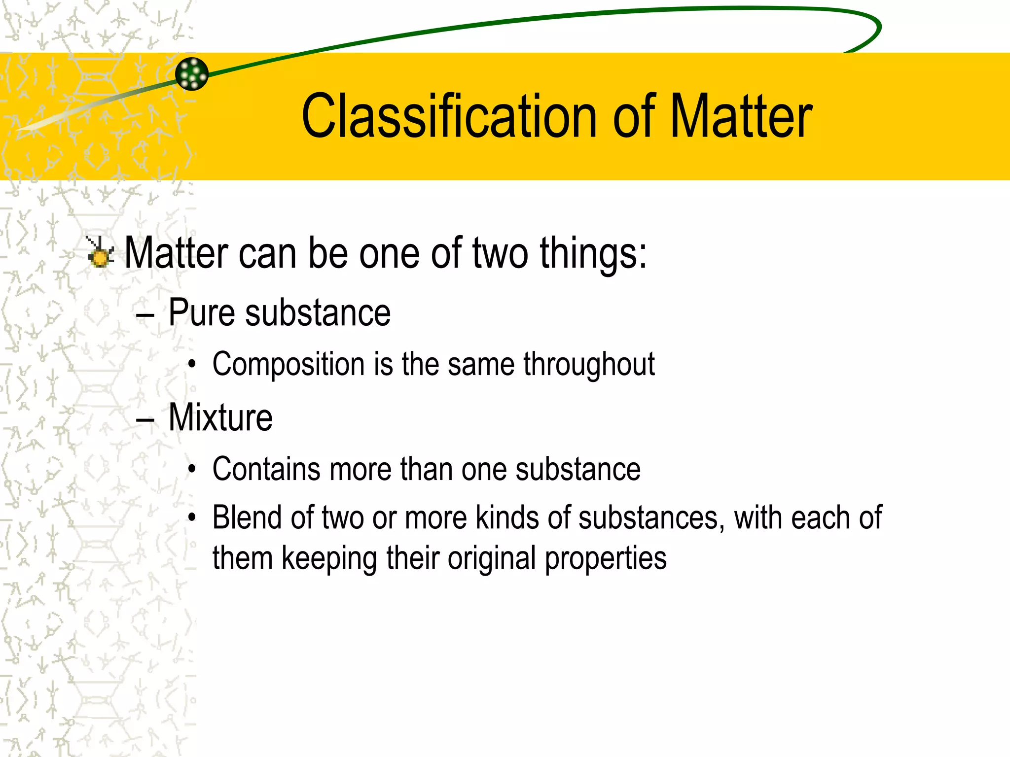 Classification of Matter 
Matter can be one of two things: 
– Pure substance 
• Composition is the same throughout 
– Mixture 
• Contains more than one substance 
• Blend of two or more kinds of substances, with each of 
them keeping their original properties 
 