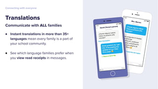 Communicate with ALL families
● Instant translations in more than 35+
languages mean every family is a part of
your school community.
● See which language families prefer when
you view read receipts in messages.
Translations
Connecting with everyone
 