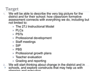 TargetWe will be able to describe the very big picture for the district and for their school: how classroom formative assessment connects with everything we do, including but not limited to:The 27J Instructional ModelPLCsPSTsProfessional developmentStaff meetingsSIPPBSProfessional growth plansTeacher evaluationGrading and reportingWe will start thinking about change in the district and in schools, and explore constructs that may help us with planning and execution.