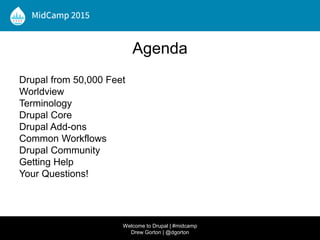 Agenda
Drupal from 50,000 Feet
Worldview
Terminology
Drupal Core
Drupal Add-ons
Common Workflows
Drupal Community
Getting Help
Your Questions!
Welcome to Drupal | #midcamp
Drew Gorton | @dgorton
 