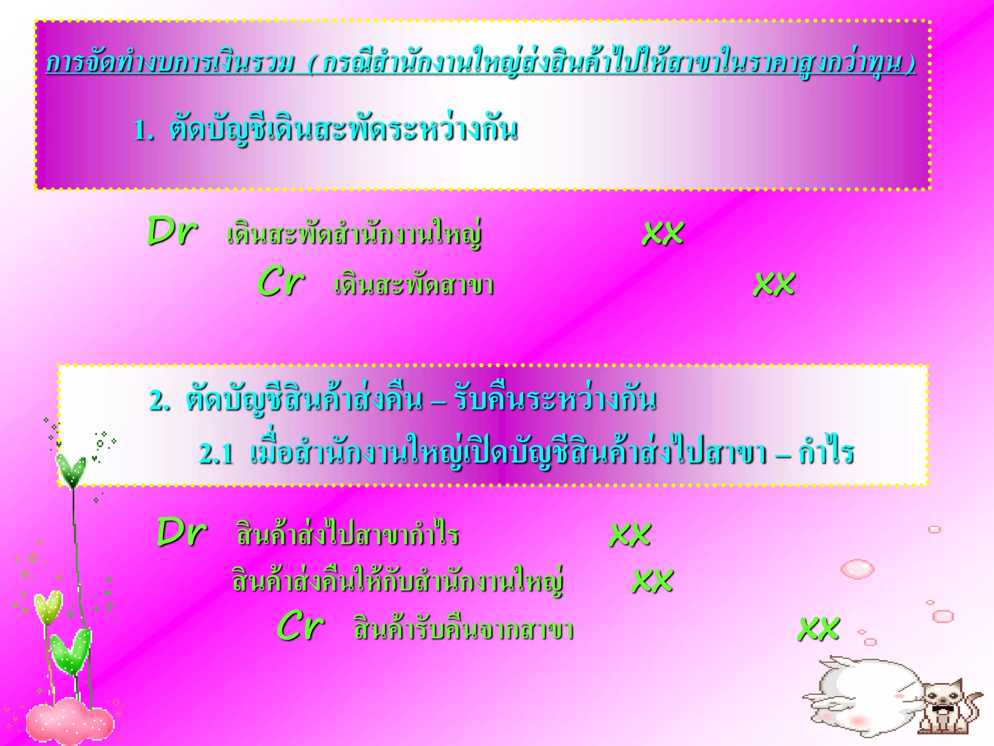 การจัดทางบการเงินรวม ( กรณีสานักงานใหญ่ ส่งสินค้ าไปให้ สาขาในราคาสูงกว่ าทุน )
       1. ตัดบัญชี เดินสะพัดระหว่ างกัน

         Dr เดินสะพัดสานักงานใหญ่                     xx
               Cr เดินสะพัดสาขา                                 xx

         2. ตัดบัญชี สินค้ าส่ งคืน – รับคืนระหว่ างกัน
             2.1 เมื่อสานักงานใหญ่ เปิ ดบัญชี สินค้ าส่ งไปสาขา – กาไร
         Dr สิ นค้ าส่ งไปสาขากาไร             xx
            สิ นค้ าส่ งคืนให้ กับสานักงานใหญ่  xx
                 Cr สิ นค้ ารับคืนจากสาขา                            xx
 