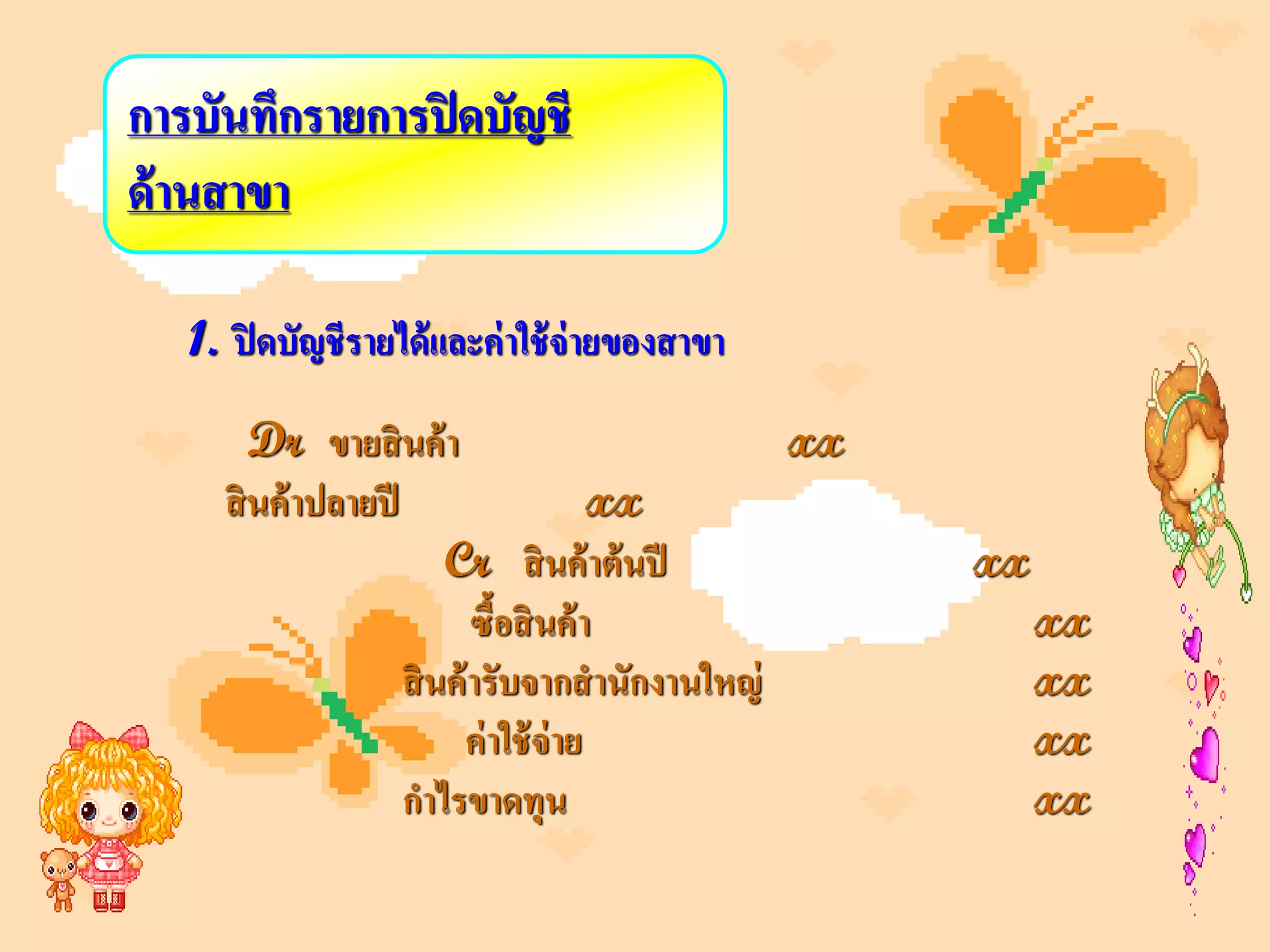 การบันทึกรายการปิ ดบัญชี
ด้านสาขา

   1. ปิ ดบัญชีรายได้ และค่ าใช้ จ่ายของสาขา

        Dr ขายสิ นค้ า                         xx
     สิ นค้ าปลายปี                    xx
                        Cr สิ นค้ าต้ นปี           xx
                           ซื้อสิ นค้ า                  xx
                    สิ นค้ ารับจากสานักงานใหญ่           xx
                          ค่ าใช้ จ่าย                   xx
                    กาไรขาดทุน                           xx
 