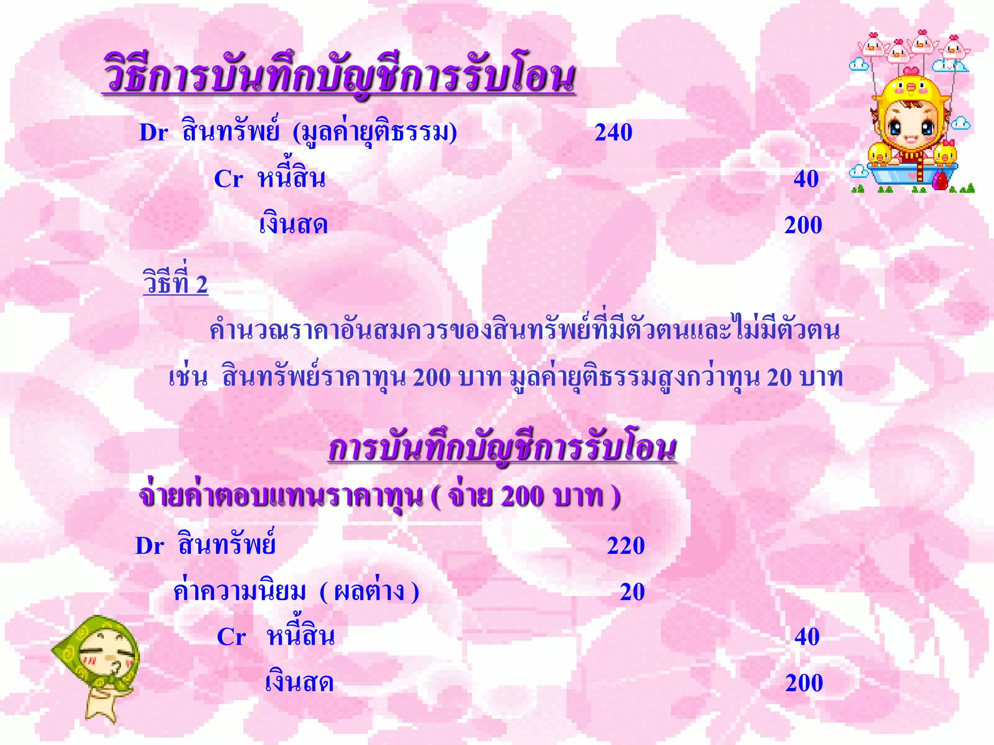 วิธีการบันทึกบัญชีการรั บโอน
  Dr สิ นทรัพย์ (มูลค่ ายุติธรรม)             240
         Cr หนีสิน
                 ้                                                40
             เงินสด                                              200
  วิธีที่ 2
          คานวณราคาอันสมควรของสิ นทรัพย์ ที่มีตัวตนและไม่ มีตวตน   ั
     เช่ น สิ นทรัพย์ ราคาทุน 200 บาท มูลค่ ายุติธรรมสู งกว่าทุน 20 บาท
                    การบันทึกบัญชีการรับโอน
  จ่ ายค่ าตอบแทนราคาทุน ( จ่ าย 200 บาท )
 Dr สิ นทรัพย์                                 220
    ค่ าความนิยม ( ผลต่ าง )                    20
         Cr หนีสิน
                ้                                                 40
            เงินสด                                               200
 