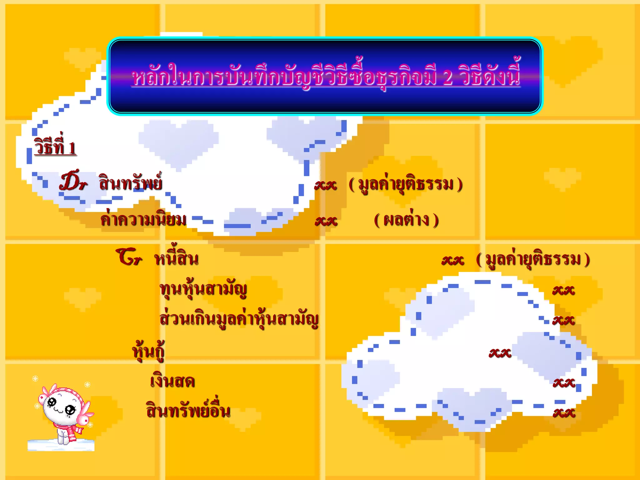 หลักในการบันทึกบัญชีวธีซื้อธุรกิจมี 2 วิธีดงนี้
                                  ิ                     ั

วิธีที่ 1
    Dr สิ นทรัพย์                         xx ( มูลค่ ายุติธรรม )
          ค่ าความนิยม                    xx ( ผลต่ าง )
           Cr หนีสิน  ้                                     xx ( มูลค่ ายุติธรรม )
                  ทุนหุ้นสามัญ                                               xx
                  ส่ วนเกินมูลค่ าหุ้นสามัญ                                  xx
            หุ้นกู้                                              xx
                เงินสด                                                       xx
               สิ นทรัพย์ อื่น                                               xx
 