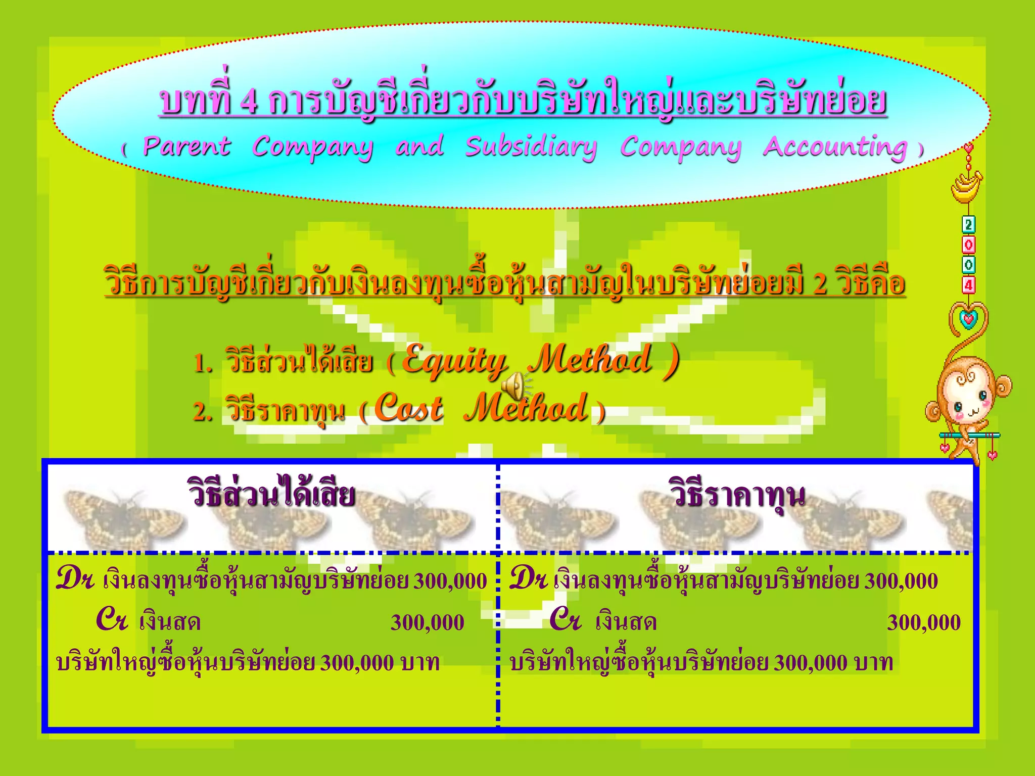 บทที่ 4 การบัญชีเกี่ยวกับบริษัทใหญ่ และบริษทย่อย
                                                     ั
      ( Parent Company and Subsidiary Company Accounting )




     วิธีการบัญชี เกี่ยวกับเงินลงทุนซื้อหุ้นสามัญในบริษัทย่ อยมี 2 วิธีคือ
              1. วิธีส่วนได้ เสี ย ( Equity Method )
              2. วิธีราคาทุน ( Cost Method )

             วิธีส่วนได้ เสี ย                                 วิธีราคาทุน
Dr เงินลงทุนซื้อหุ้นสามัญบริษทย่อย 300,000 Dr เงินลงทุนซื้อหุ้นสามัญบริษัทย่อย 300,000
                                 ั
    Cr เงินสด                        300,000     Cr เงินสด                            300,000
บริษัทใหญ่ ซื้อหุ้นบริษัทย่อย 300,000 บาท    บริษัทใหญ่ ซื้อหุ้นบริษัทย่อย 300,000 บาท
 