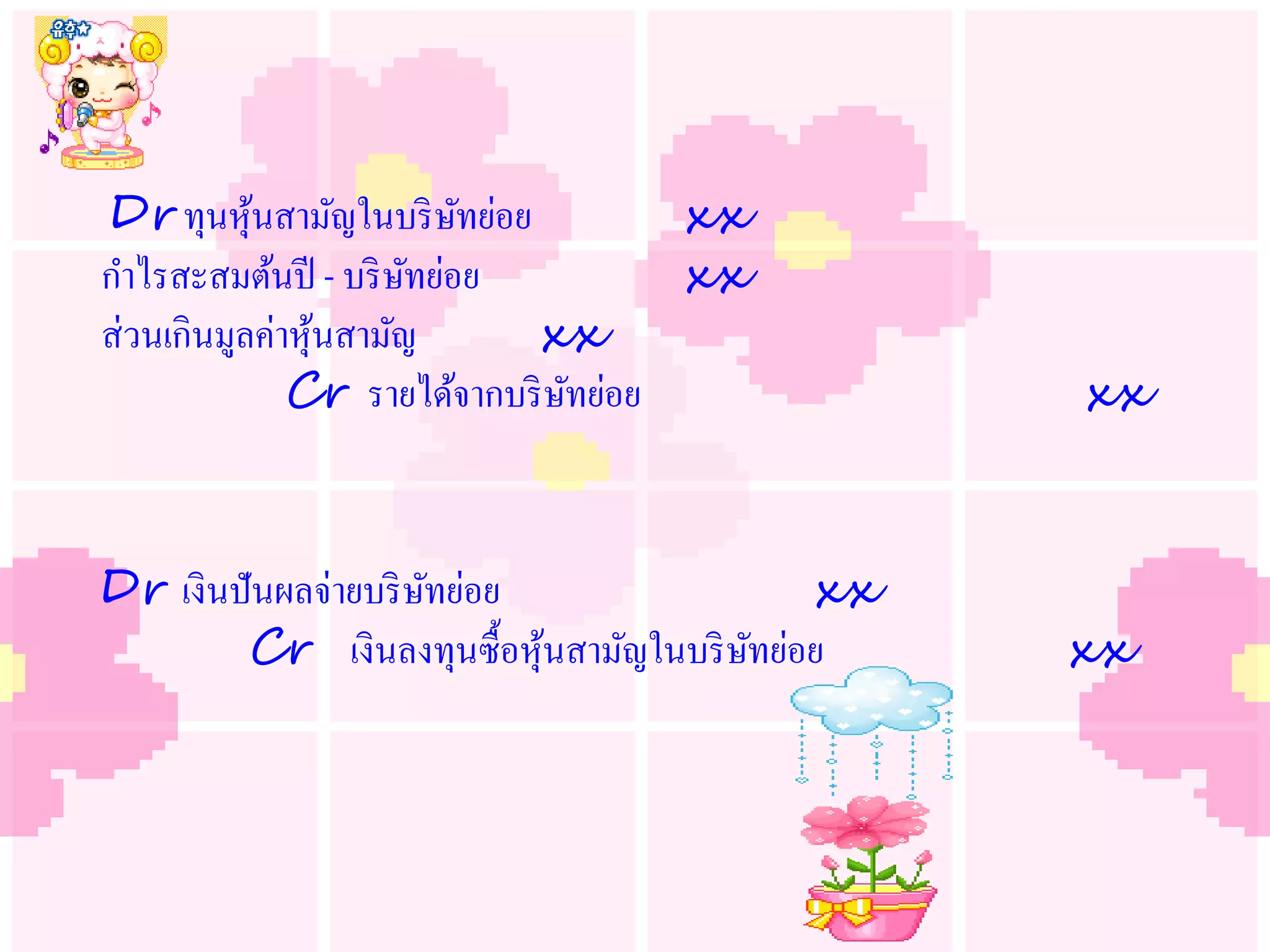 Dr ทุนหุนสามัญในบริ ษทย่อย
           ้             ั           xx
กาไรสะสมต้นปี - บริ ษทย่อย
                      ั              xx
ส่วนเกินมูลค่าหุนสามัญ
                ้           xx
              Cr รายได้จากบริ ษทย่อย
                               ั                xx


Dr เงินปันผลจ่ายบริ ษทย่อย
                     ั                     xx
        Cr เงินลงทุนซื้อหุนสามัญในบริ ษทย่อย
                           ้           ั        xx
 