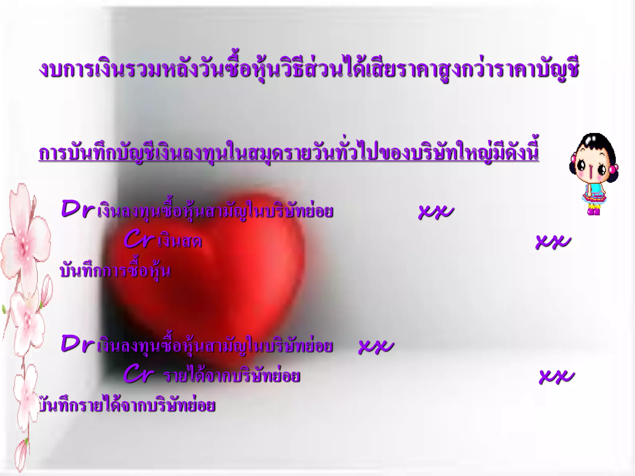 งบการเงินรวมหลังวันซื้อหุ้นวิธีส่วนได้เสียราคาสู งกว่าราคาบัญชี

การบันทึกบัญชี เงินลงทุนในสมุดรายวันทั่วไปของบริษัทใหญ่ มีดังนี้

  Dr เงินลงทุนซื้อหุ้นสามัญในบริษทย่ อย
                                 ั              xx
          Cr เงินสด                                            xx
  บันทึกการซือหุ้น
             ้


   Dr เงินลงทุนซื้อหุ้นสามัญในบริษทย่ อย xx
                                   ั
             Cr รายได้ จากบริษทย่ อย
                              ั                                xx
บันทึกรายได้ จากบริษทย่ อย
                    ั
 